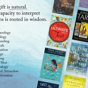 May include: A collage of book covers featuring various topics related to tarot, astrology, numerology, and divination. The text on the covers includes "The Book of Divination", "Advanced Tarot", "The Ultimate Guide to Tarot", "True Heart Intuitive Tarot", "Tarot for Your Self", "Numerology", "Astrology for the Soul", and "Body Balance".