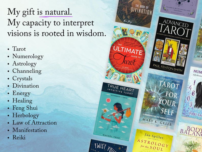 May include: A collage of book covers featuring various topics related to tarot, astrology, numerology, and divination. The text on the covers includes "The Book of Divination", "Advanced Tarot", "The Ultimate Guide to Tarot", "True Heart Intuitive Tarot", "Tarot for Your Self", "Numerology", "Astrology for the Soul", and "Body Balance".
