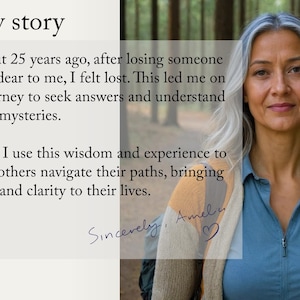 May include: A woman with gray hair stands in a forest, smiling and looking at the camera. She is wearing a blue shirt and a beige and orange sweater. The text "My story" is at the top of the image, followed by a paragraph about her life experiences and a handwritten signature that reads "Sincerely, Amelu" with a heart symbol.