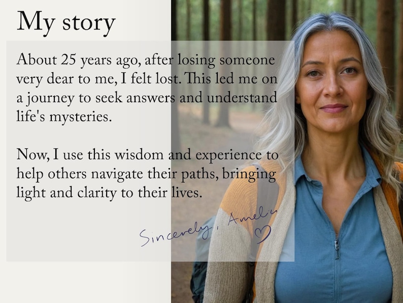 May include: A woman with gray hair stands in a forest, smiling and looking at the camera. She is wearing a blue shirt and a beige and orange sweater. The text "My story" is at the top of the image, followed by a paragraph about her life experiences and a handwritten signature that reads "Sincerely, Amelu" with a heart symbol.