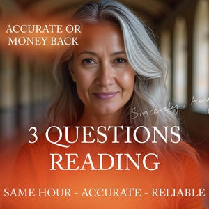 Puede incluir: Una mujer con cabello gris sonríe a la cámara. El texto "ACCURATE OR MONEY BACK" está en la parte superior de la imagen. El texto "3 QUESTIONS READING" está en el centro de la imagen. El texto "SAME HOUR - ACCURATE - RELIABLE" está en la parte inferior de la imagen. El texto "Sincerely, Amelu" está en la esquina superior derecha de la imagen.