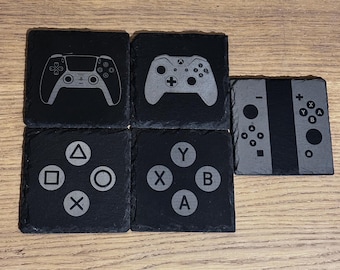 Engraved Slate Gamer Coasters: Video Game Controller Designs
