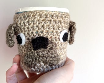 Pug Ice Cream Cozy Pint Sized Crochet Pattern, pug dog lover crochet, handmade gift idea