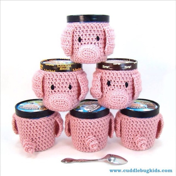 Crochet Ice Cream Cozy Pattern - Crochet Pig and Piglet - Pint and Mini Sizes