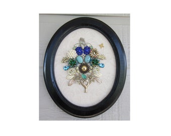 Framed Jewelry Art Flower Bouquet In Oval Frame