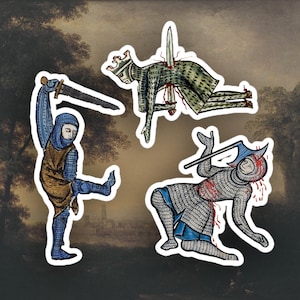 Set of 3 Weird Medieval Knights stickers, Medieval art sticker
