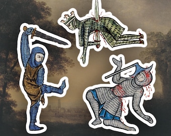 Set of 3 Weird Medieval Knights stickers, Medieval art sticker