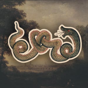 Peut inclure: Un serpent vert avec un œil rouge, enroulé en nœud, sur un fond brun et vert.