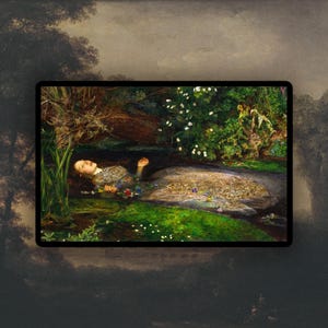 May include: A painting of a woman lying in a stream of water. The woman is wearing a white dress and has long, dark hair. The water is clear and the stream is surrounded by lush green foliage.