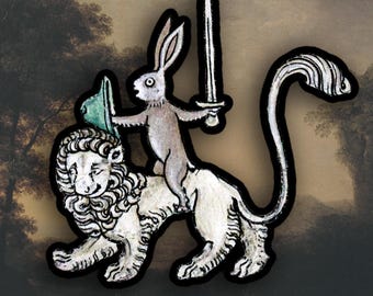 Weird Medieval Warrior Rabbit riding a lion stickers, Medieval Marginalia sticker
