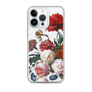 May include: Clear phone case featuring a vibrant floral design. The artwork showcases a bouquet of red, pink, white, and orange flowers with green foliage against a white background. The case is designed to fit a smartphone.