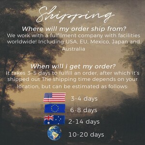 May include: A graphic showing estimated shipping times for orders. The graphic includes flags for the United States, the European Union, Australia, and the globe. The text reads: "Where will my order ship from? We work with a fulfillment company with facilities worldwide! Including USA, EU, Mexico, Japan and Australia. When will I get my order? It takes 3-5 days to fulfill an order, after which it's shipped out. The shipping time depends on your location, but can be estimated as follows: 3-4 days, 6-8 days, 2-14 days, 10-20 days."