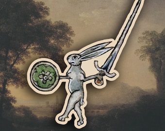 Weird Medieval Warrior Rabbit stickers, Medieval Marginalia sticker