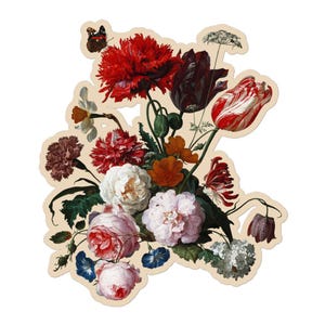 Pu&ograve; includere: Un adesivo floreale con un vivace bouquet di fiori nei toni del rosso, bianco, rosa e viola. Una farfalla si posa sul bordo. L'adesivo ha un bordo beige e un'estetica vintage.