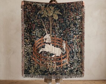 Manta Tecida "O Unicórnio em Cativeiro", Manta de Tapeçaria Medieval em Algodão com Franjas