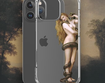 May include: A clear phone case with a printed image of a woman with long blonde hair holding a snake around her waist. The woman is nude and the snake is brown and black.