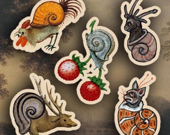 Set of 5 Weird Medieval Snail stickers, Medieval marginalia stickers