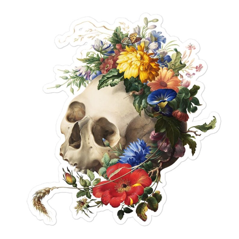 May include: A human skull with a crown of colorful flowers, including red, yellow, blue, and white blooms. The skull is a reminder of mortality, while the flowers symbolize life and beauty.