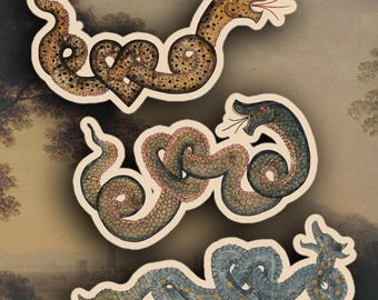 Set of 3 Love Snake stickers, Medieval Art stickers
