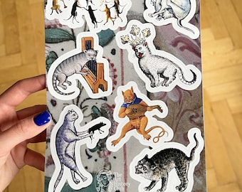 Weird Medieval cats sticker sheet, Medieval marginalia sticker set