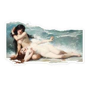 K&ouml;nnte beinhalten: Ein Aufkleber mit einem klassischen Gem&auml;lde von zwei nackten Figuren in einer Meereslandschaft. Eine Figur sitzt aufrecht mit dunklem Haar, w&auml;hrend die andere mit rotem Haar liegt. Der Hintergrund zeigt einen dynamischen Ozean mit tosenden Wellen in Blau- und Wei&szlig;t&ouml;nen.