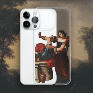 May include: Clear iPhone case featuring a Renaissance painting of two figures. The artwork depicts a woman holding a man, with a classical architectural element and a vase in the foreground. The case is designed to fit the phone's camera and buttons.