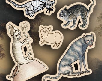 Set aus 5 mittelalterlichen Katzen Aufklebern