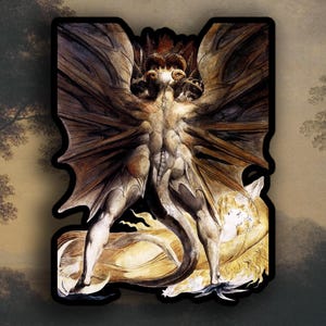 May include: A sticker featuring a detailed illustration of a winged figure with a muscular physique, standing over a reclining figure. The artwork has a vintage aesthetic with muted brown, beige, and black tones.