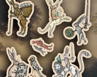 Set of 6 Weird Medieval Rabbits stickers, Medieval marginalia stickers