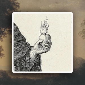 Puede incluir: Ilustración en blanco y negro de una mano sosteniendo un corazón con llamas. El corazón está detallado con líneas, y las llamas se elevan. La manga de la persona es visible, y el fondo es de color neutro.