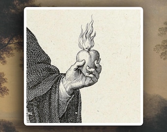 Heart in Flame sticker, Esoteric Medieval Woodcut Art sticker