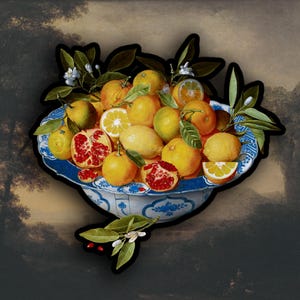 Sticker Stilleven met citroenen, sinaasappels en granaatappel, botanische stickers