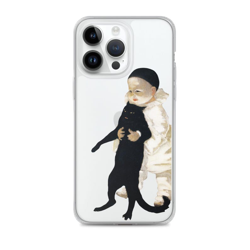 以下が含まれることがあります： 白い服を着た子供が黒猫を抱いている水彩画のイラストが描かれた透明な携帯電話ケース。 このアートワークは、柔らかい色と気まぐれなテーマを持つヴィンテージの美学を持っています。 このケースはスマートフォン用に設計されています。