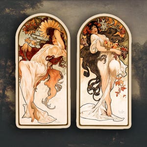 Lot de 2 stickers Alphonse Mucha été et automne, stickers Alphonse Mucha, stickers Art nouveau