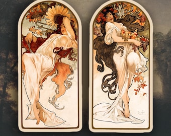 Set of 2 Alphonse Mucha Summer and Fall stickers, Alphonse Mucha stickers, Art Nouveau stickers