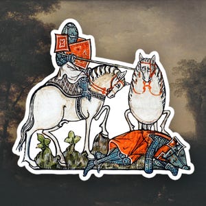 May include: A medieval illustration depicting a knight on horseback, wielding a lance, charging towards a fallen knight. The fallen knight is lying on the ground, wearing armour and a red cloak. The scene is set in a forest with a background of trees and a cloudy sky.