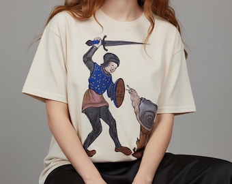 Unisex Weird Medieval Knight fighting snail t-shirt, Medieval Art classic tee