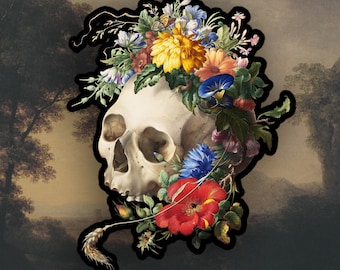 May include: A white human skull adorned with a floral crown of colourful flowers, including red, yellow, blue, and purple blooms. The skull is set against a dark backdrop.