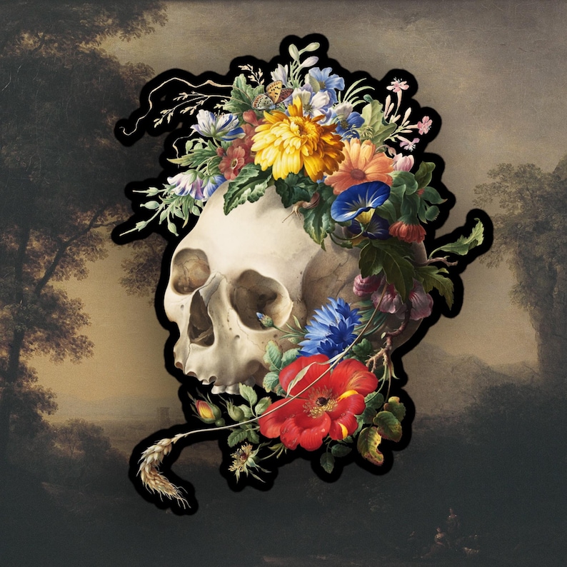 May include: A white human skull with a floral crown of colorful flowers, including red, yellow, blue, and purple flowers. The skull is surrounded by a dark background.