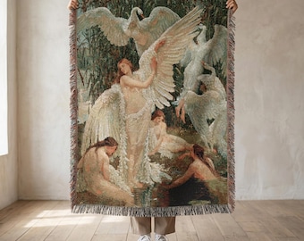 The Swan Maidens Woven Blanket, Cotton Renaissance Tapestry Blanket with fringe