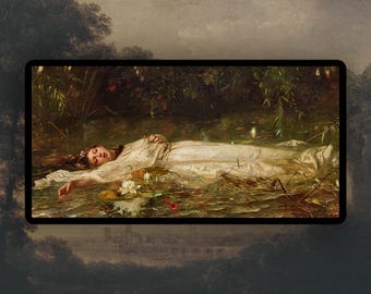 Può includere: Un dipinto di una donna sdraiata in un specchio d'acqua. Indossa un vestito bianco e ha lunghi capelli scuri. L'acqua è torbida e ci sono ninfee e altre piante che crescono al suo interno.