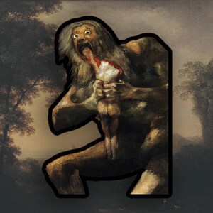 Puede incluir: Una pintura de una figura grande, peluda y monstruosa con la boca abierta de par en par, sosteniendo una figura más pequeña en sus manos. La figura más grande tiene una expresión de shock en su rostro y está representada en un entorno oscuro y sombrío.