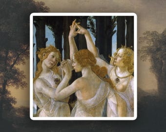 Può includere: Tre donne in fluenti vesti bianche danzano in un ambiente boschivo. Le donne hanno lunghi capelli fluenti e sono raffigurate in uno stile aggraziato ed etereo. Il dipinto è ambientato su uno sfondo di alberi e foglie, creando un senso di pace e tranquillità.