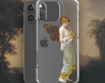 May include: A clear phone case with a design of a woman with butterfly wings holding a small box. The woman is wearing a light blue dress with gold accents. The case is for an iPhone.
