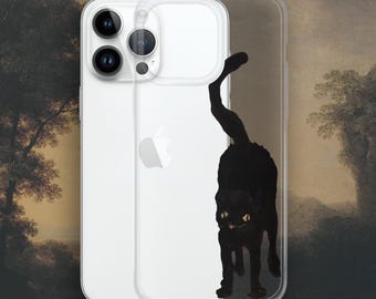 May include: Clear iPhone case featuring a black cat silhouette with yellow eyes. The cat is in a playful pose, with its tail arched. The case is designed to fit an iPhone, with cutouts for the camera and buttons. The background is a vintage painting.