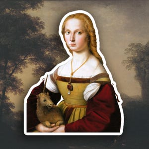 Raphael - Junge Frau mit Einhorn Aufkleber, Renaissance Art Aufkleber