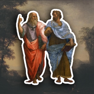 May include: A painting of two men in robes, one pointing with his right hand and the other holding a book. The man on the left is wearing a red robe with a purple sash and the man on the right is wearing a blue robe with a brown sash.