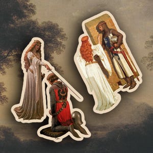 May include: Three sticker designs featuring medieval art. One shows a woman in a white dress with a sword, another depicts a knight in armor, and the third shows a woman in a white dress with a knight. The stickers have a vintage aesthetic.