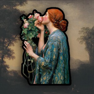 May include: A sticker depicting a woman with red hair smelling a pink rose. She is wearing a blue patterned robe. The sticker has a black outline and is set against a muted landscape background.