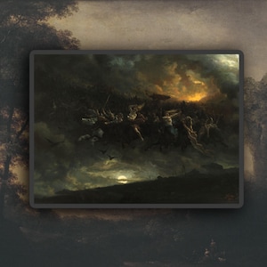 May include: A dramatic painting of a celestial battle scene, with figures silhouetted against a stormy sky. A bright, golden light illuminates the scene. The artwork features a full moon and several dark birds in flight, creating a sense of movement and conflict.